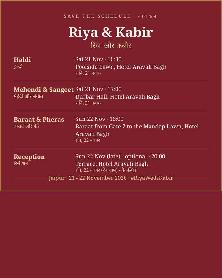 WhatsApp schedule card for a sample wedding